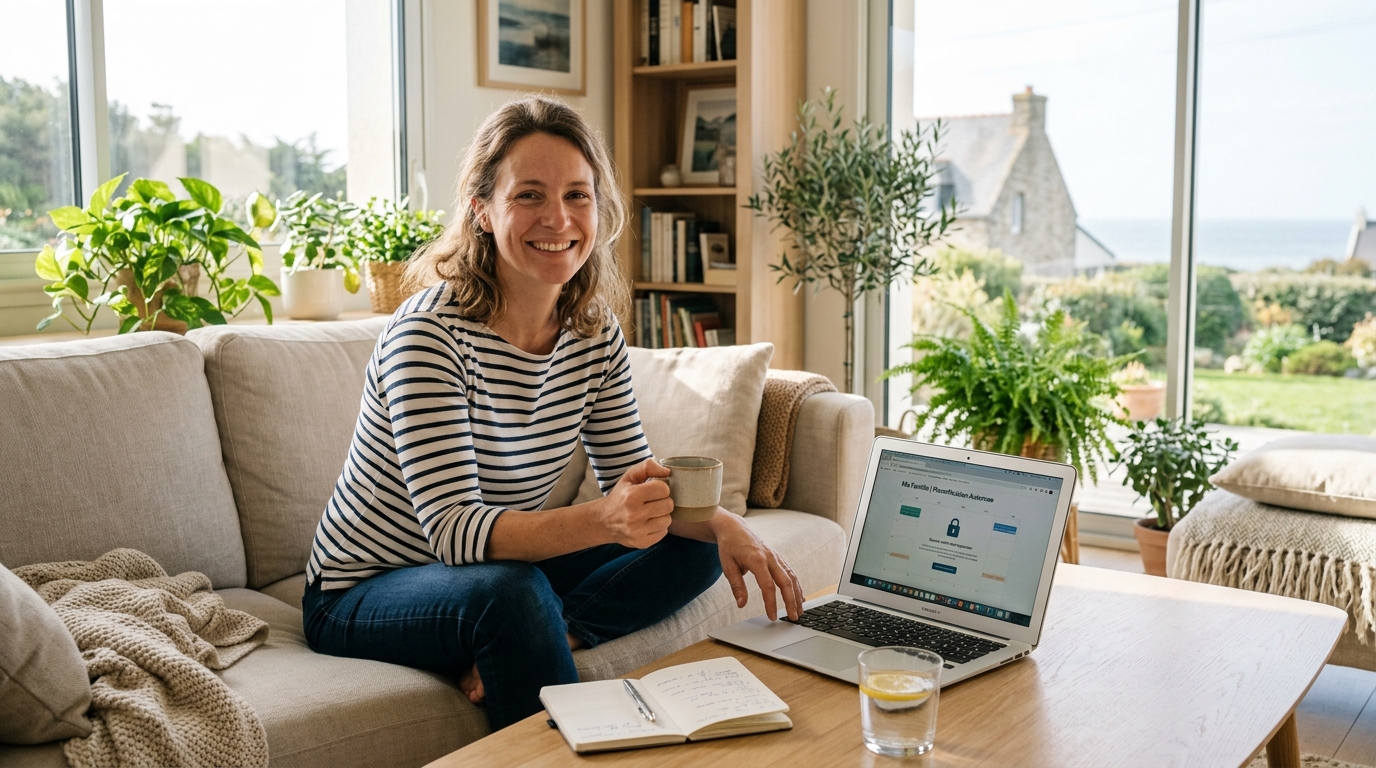 Femme active souriante avec son PC portable familial
