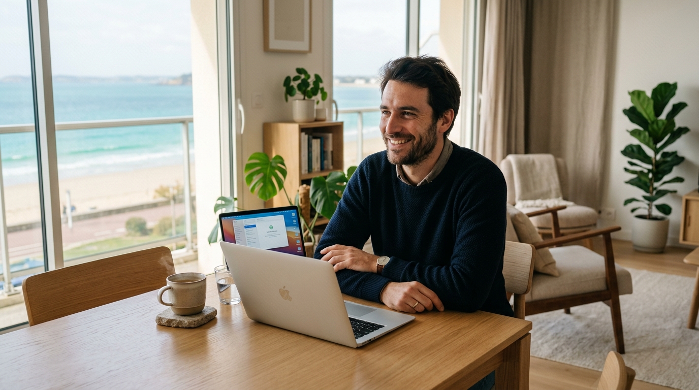 Homme actif trentenaire souriant face à la mer