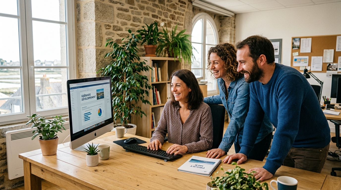 Équipe TPE locale souriante et soudée autour d'un poste informatique