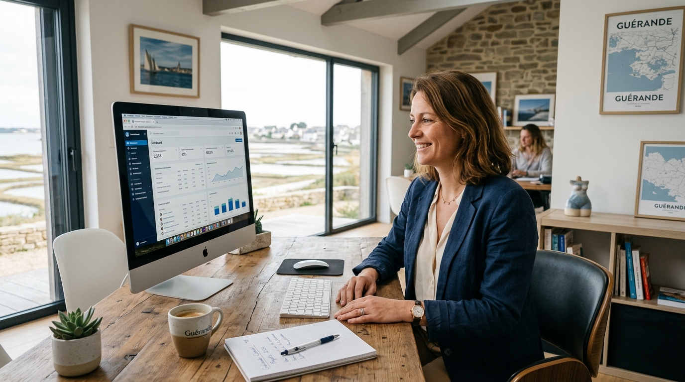 Dirigeante d'entreprise souriante devant son iMac à Guérande
