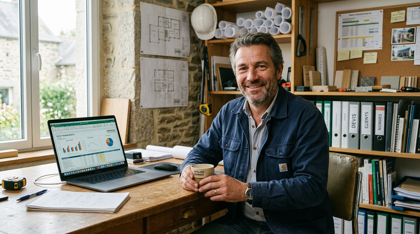 Artisan chef d'entreprise détendu devant ses devis et chantiers